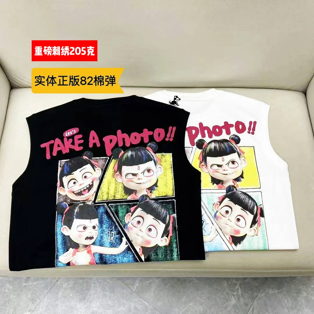 实体夏季重磅刺绣81棉弹205克哪吒动漫微阔领坎肩白色美式无袖T恤