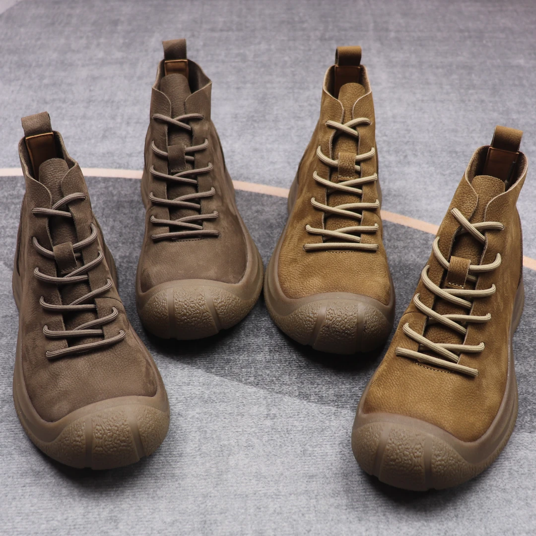 新款秋冬厚底男士高帮靴子保暖系带耐磨马丁靴时尚百搭软皮软底鞋