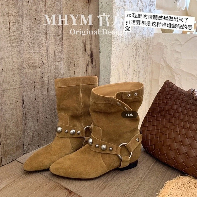 真皮绒面小众铆钉粗跟平底尖头西部牛仔靴短靴女秋冬季新款马丁靴