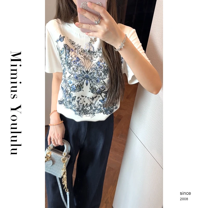 【mimius】L 重磅高级感青花蝴蝶印花百搭短袖T恤 G04577