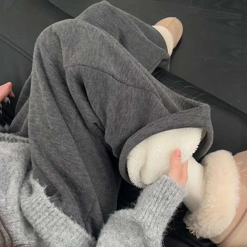 阔腿裤女裤女秋冬季新款高腰小个子加绒加厚休闲直筒羊羔绒糯米裤