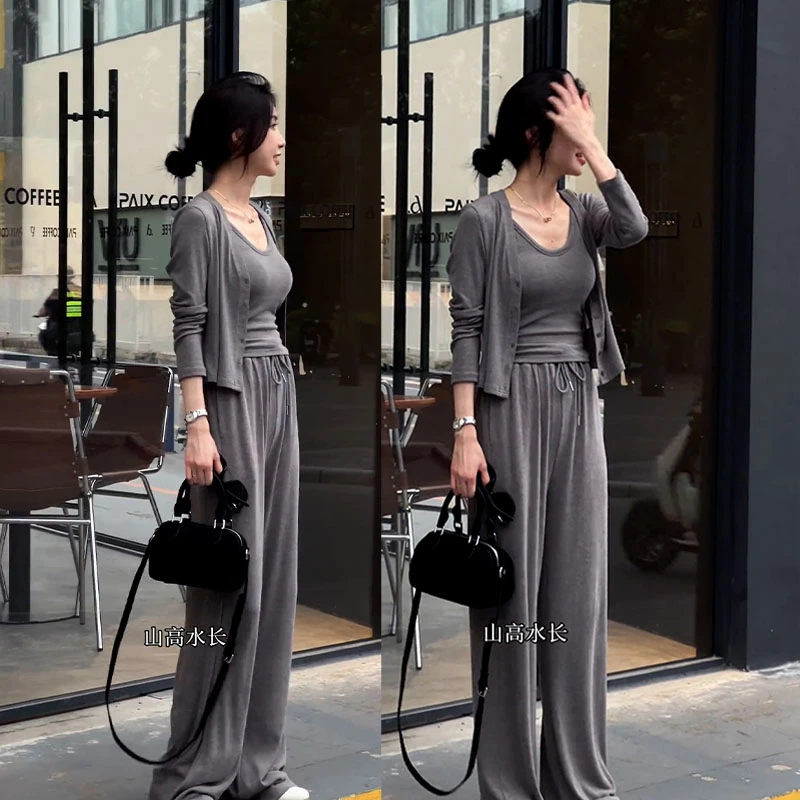 2025秋季新款设计感时尚百搭长袖开衫女吊带背心休闲阔腿裤三件套