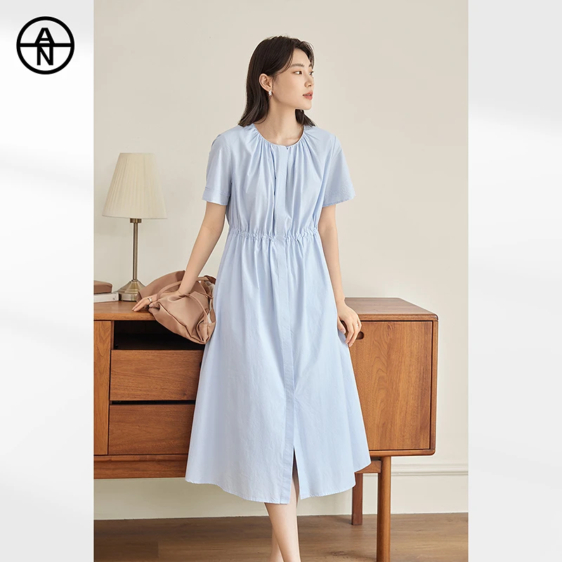 AN大码女装【轻氧呼吸感】欧若风蓝色连衣裙夏季胖mm显瘦收腰裙子