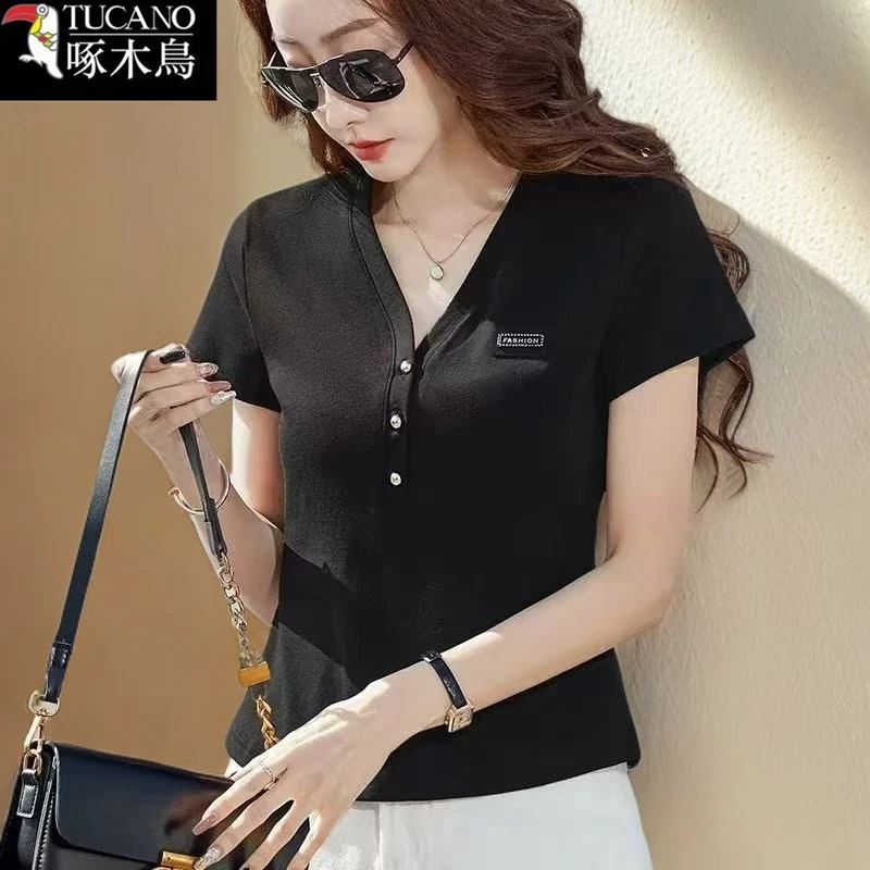 啄木鸟新款韩版V领短袖T恤女士休闲百搭2025年夏季拼接设计感上衣