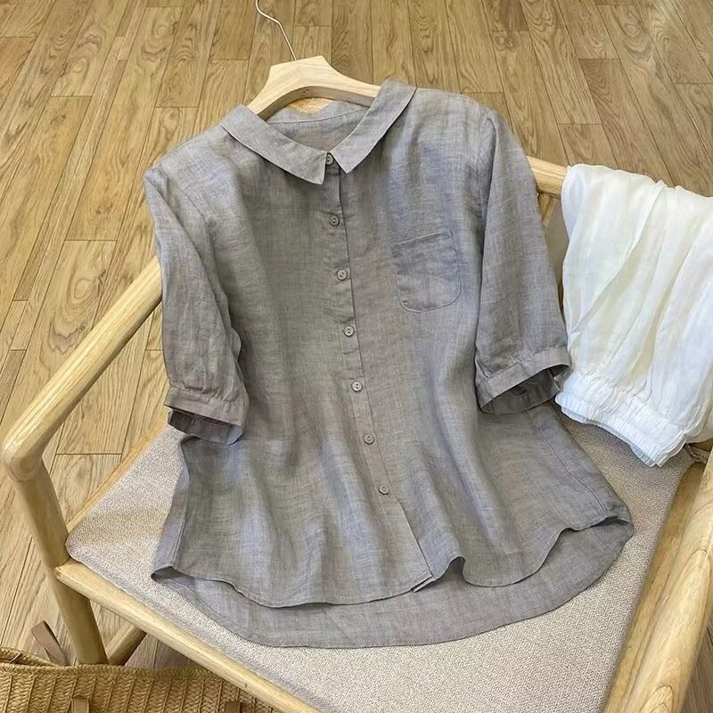 高端亚麻半袖衬衫女夏季纯色休闲娃娃领衬衣宽松显瘦轻薄棉麻上衣