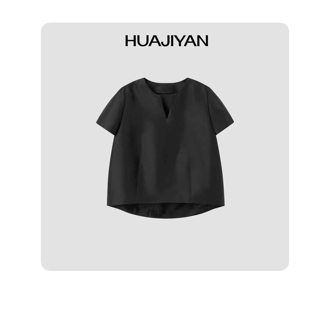 华吉言/HUAJIYAN【黑巧司康】桑蚕丝羊毛混纺立裁V领短袖T恤