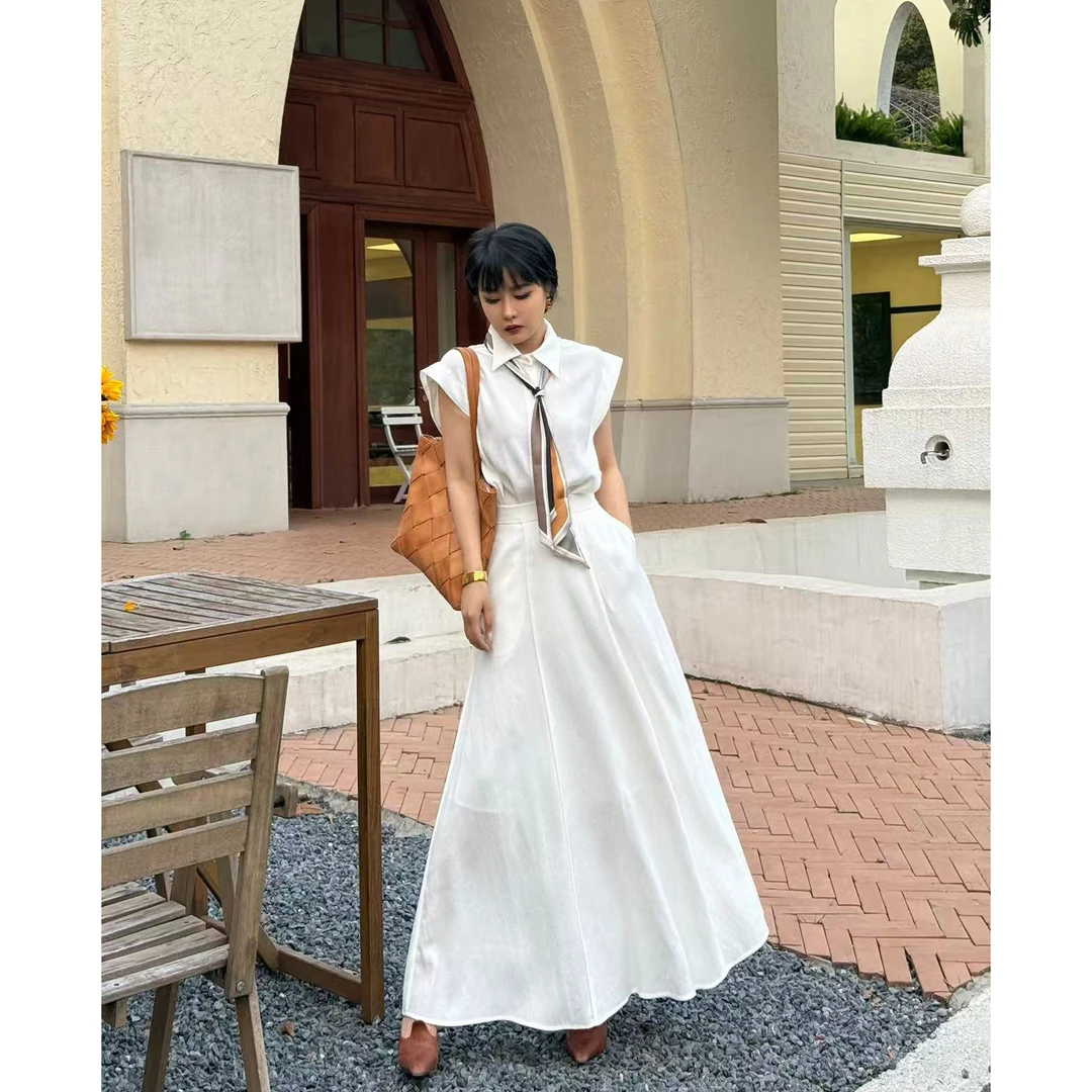 【斯坦福】高智新贵慵懒松弛度假风精英亚麻丝巾衬衫半身裙套装25夏
