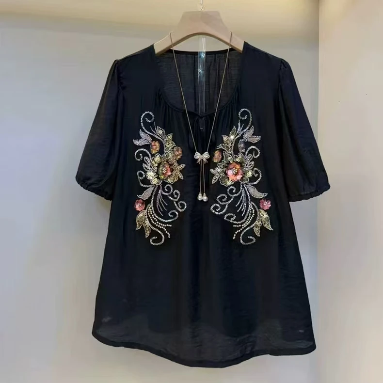 大码女装夏季新款时尚大衫女韩版洋气圆领重工刺绣短袖遮肉女人衫