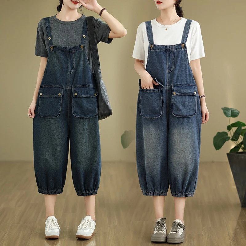 牛仔七分背带裤女夏季2025新款宽松吊带连体裤显瘦遮肉阔腿灯笼裤