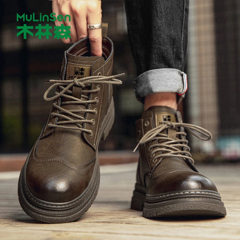 木林森马丁靴秋季英伦防水防滑厚底增高男士黑色高帮休闲工装皮鞋