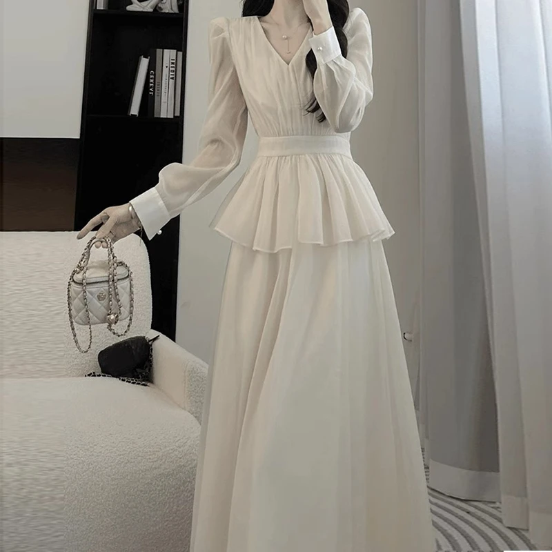 【有里布】春季长袖连衣裙气质高端荷叶边假两件法式大摆长裙D0384