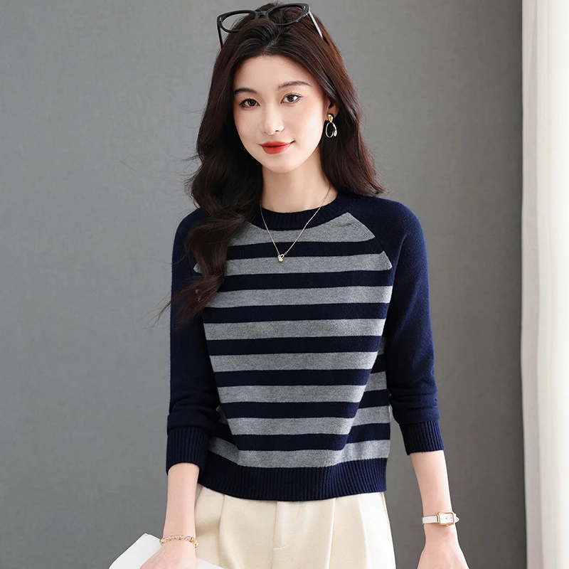 哥弟阿玛施正品冬季新款拼色条纹圆领短款针织衫洋气时尚百搭通勤