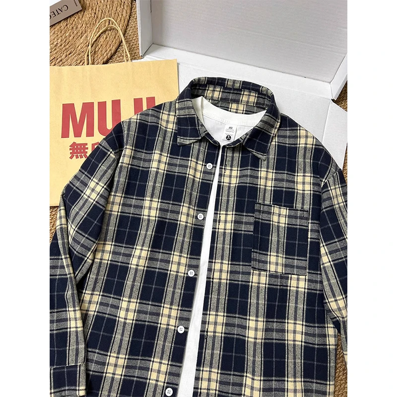 藏青色格子长袖衬衫男款秋季美式复古格纹衬衣潮流高级感翻领外套