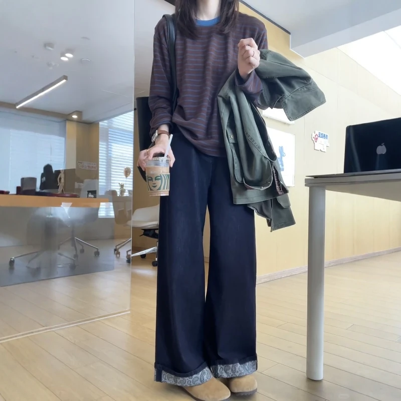 韩系复古高级感条纹长袖T恤女2026秋季新款休闲风宽松百搭打底衫