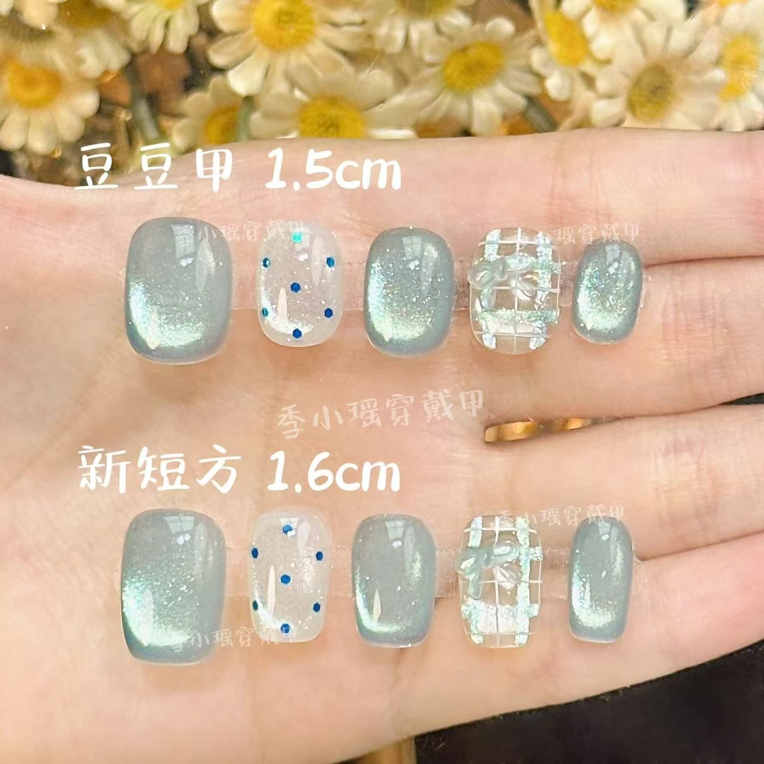 【薄荷冰蝶】手绘棋盘格波点蝴蝶结猫眼纯手工穿戴甲显白气质美甲贴