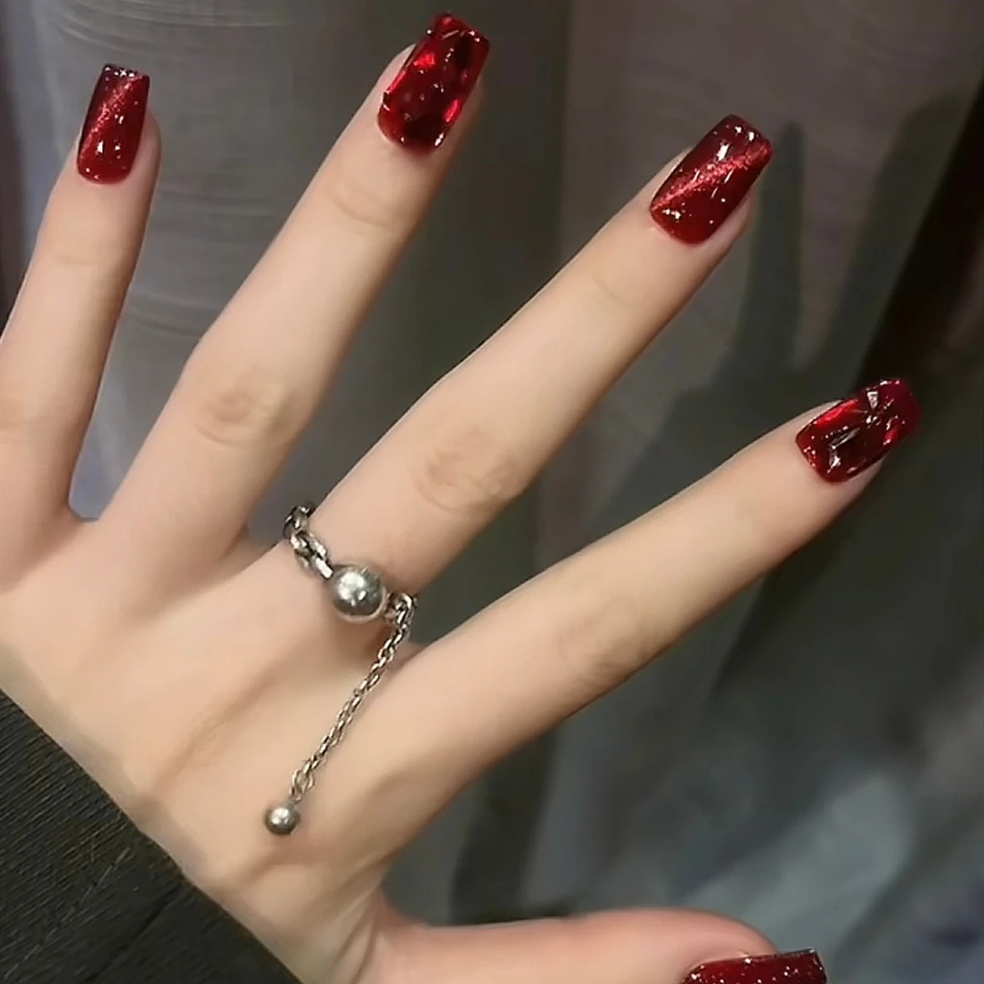 美甲穿戴甲短中长款甲片穿戴美甲红色猫眼秋冬手工穿戴甲指甲贴片