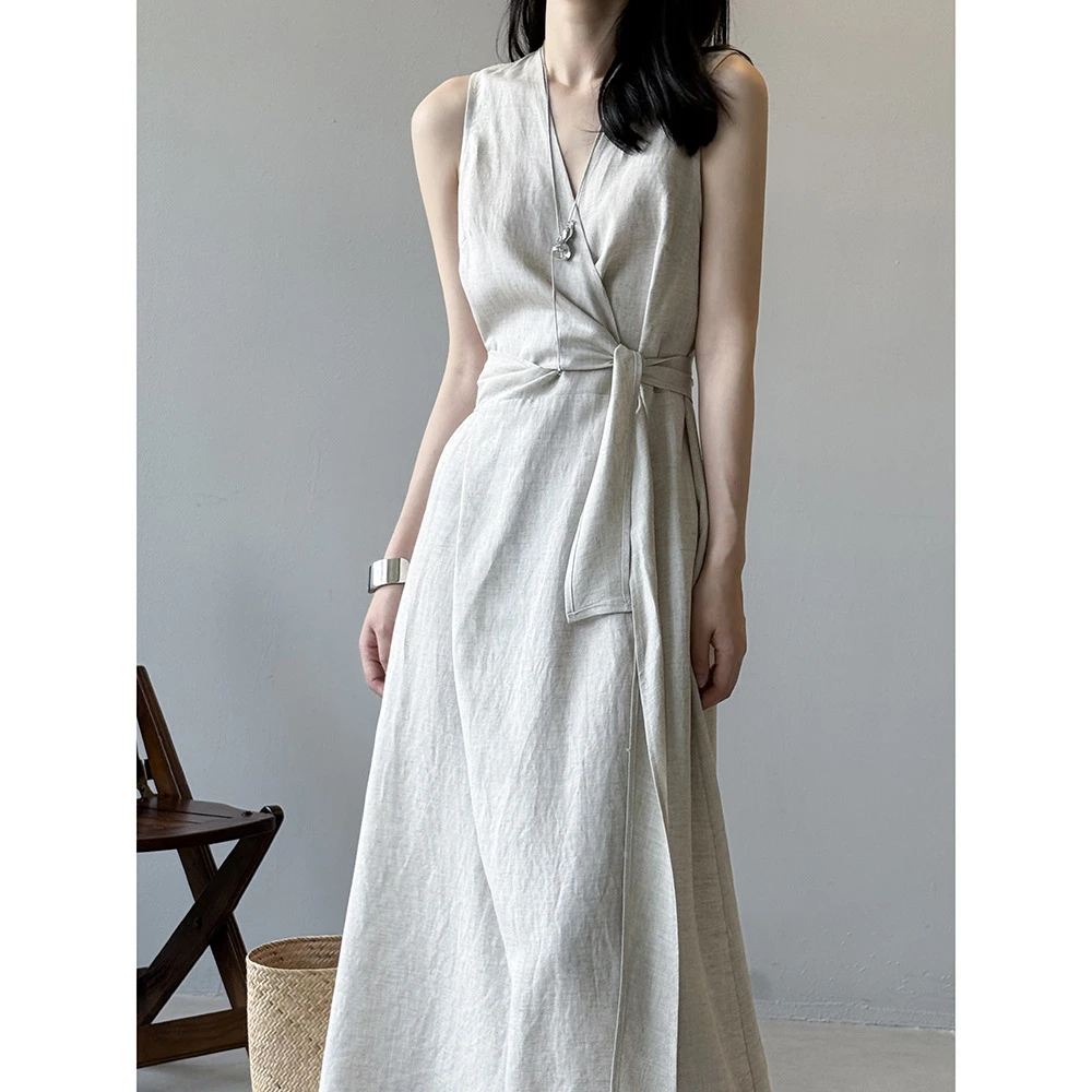 言双 法式天丝亚麻无袖背心v领连衣裙夏季韩版时尚百搭裙子