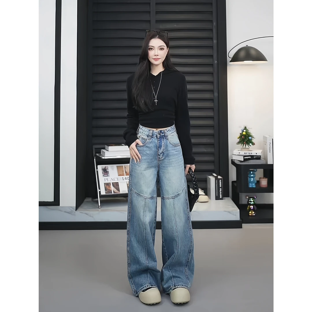 【TO&HR.GIRL】THFZ77026C-蓝色美式分割设计阔腿高腰牛仔裤宽松女