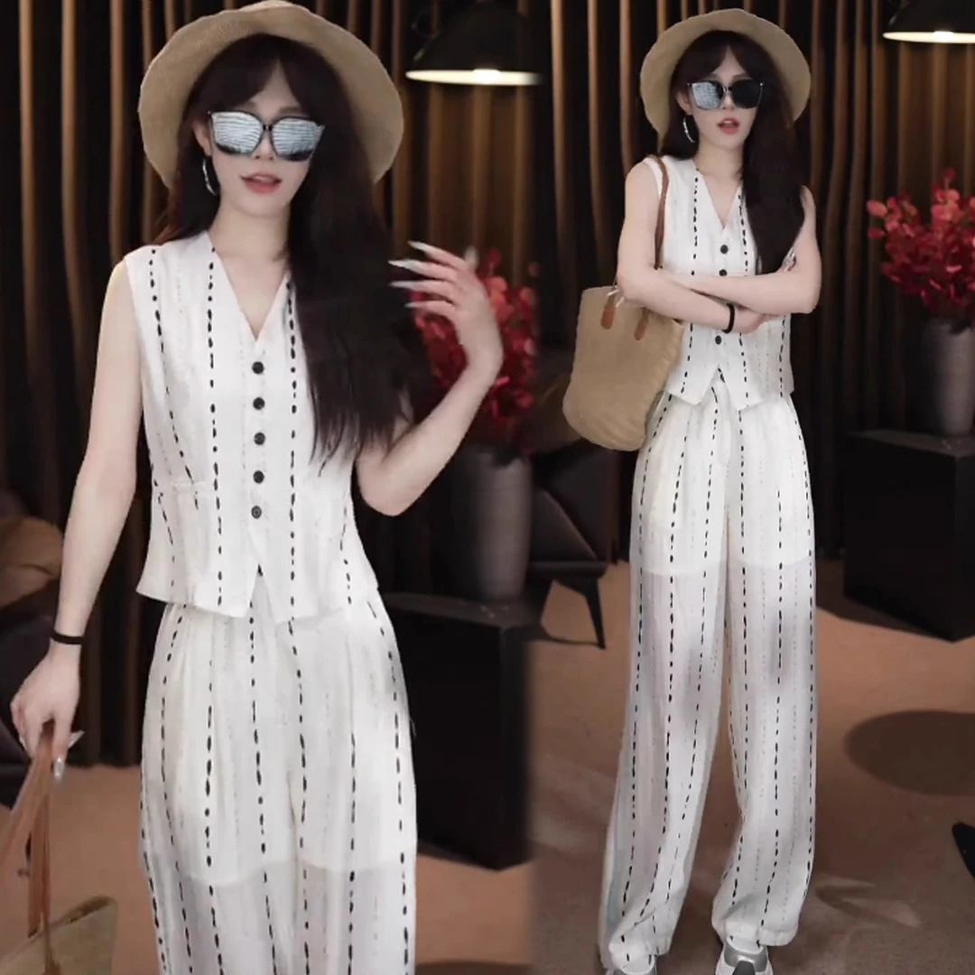 时尚气质套装女2025夏季新款高级感提花无袖马甲上衣阔腿裤两件套