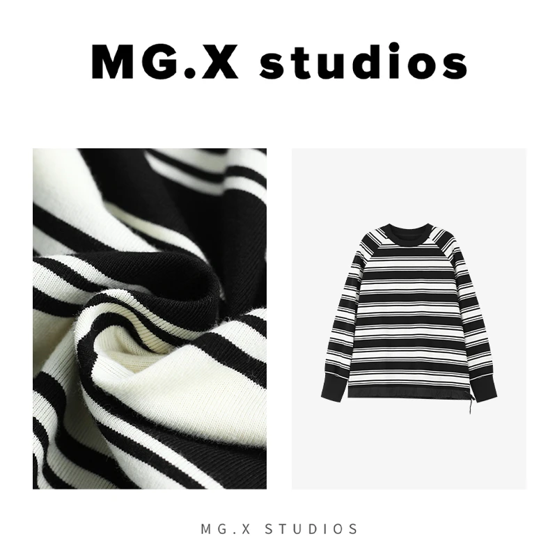 【拼纹序】MGX女卫衣包袖撞色针织长袖女圆领条纹上衣DPMO5G033