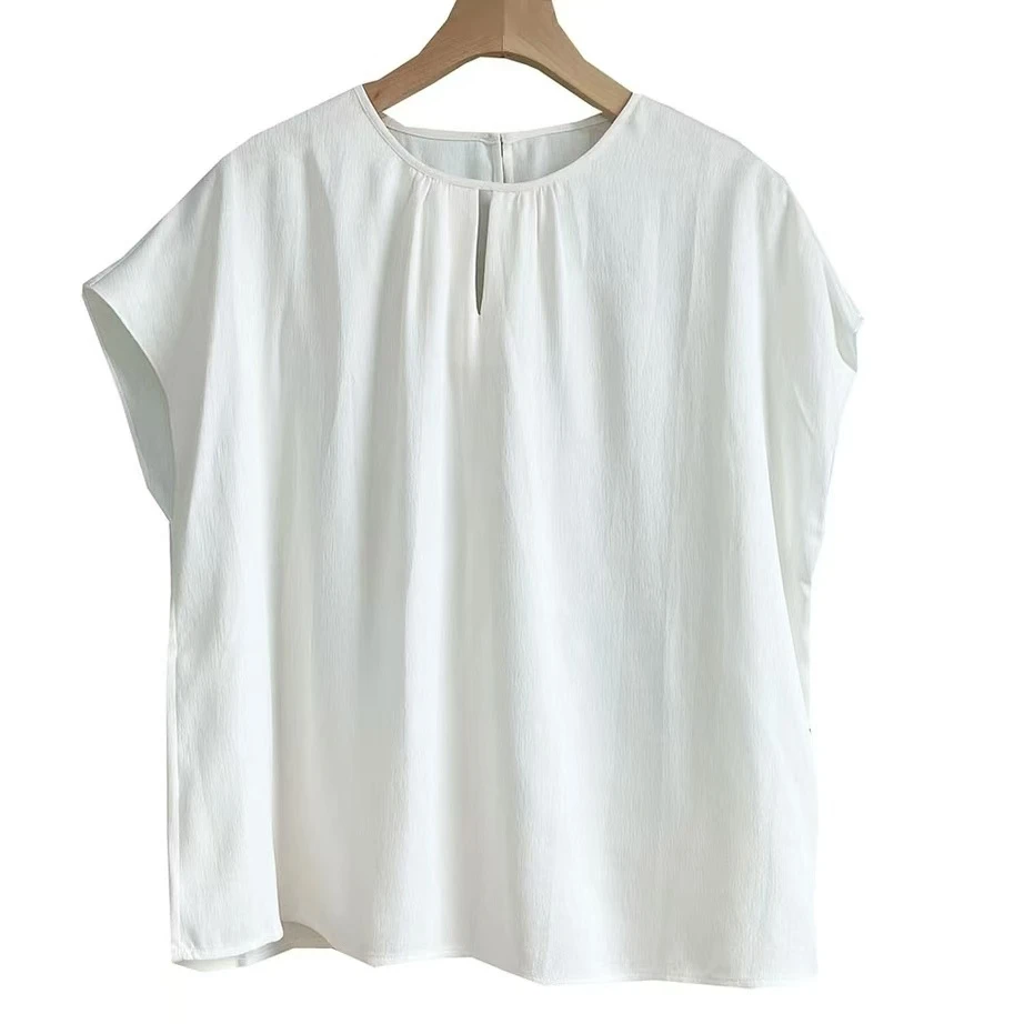 绢丝桑蚕丝短袖时尚百搭夏季衬衫纯色宽松气质圆领  LW   61065