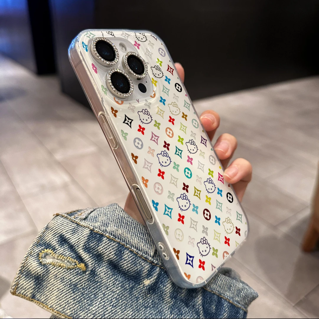 彩色印花KT猫图案适用苹果16promax手机壳防摔白色12/13/14/15潮