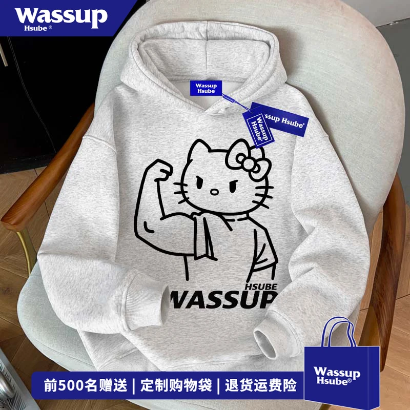 WASSUP HSUBE潮酷原创凯蒂猫印花连帽卫衣男女秋冬休闲无口袋上衣