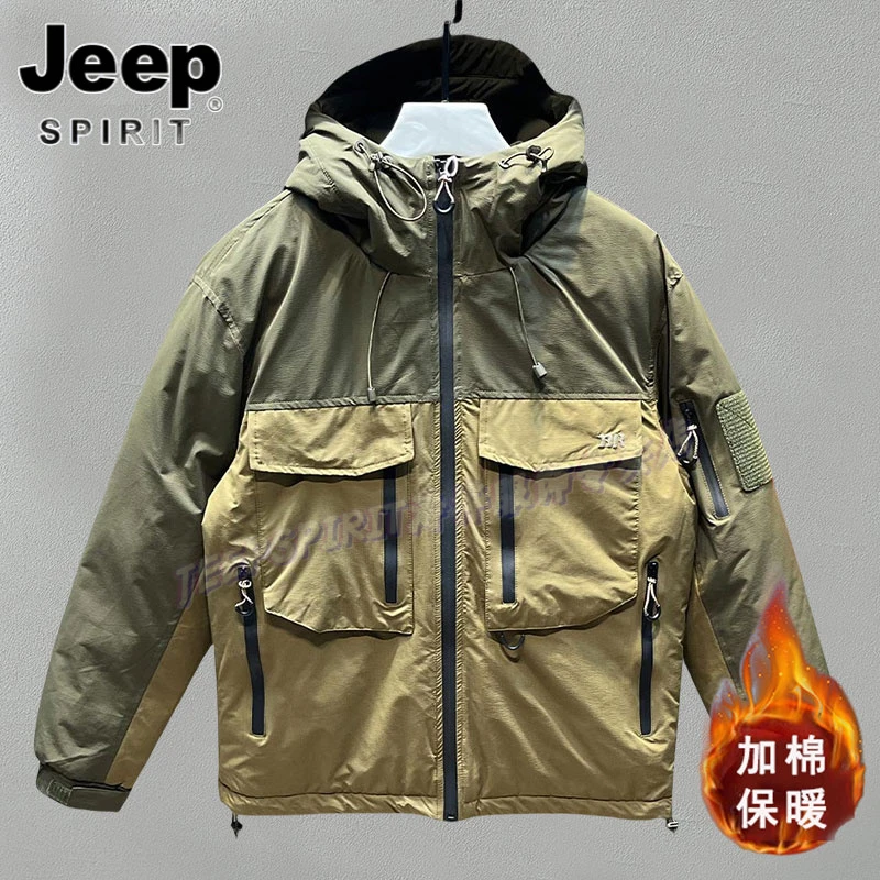 Jeep吉普男士休闲加棉夹克冬季加厚棉衣宽松连帽冲锋外套潮工装衣