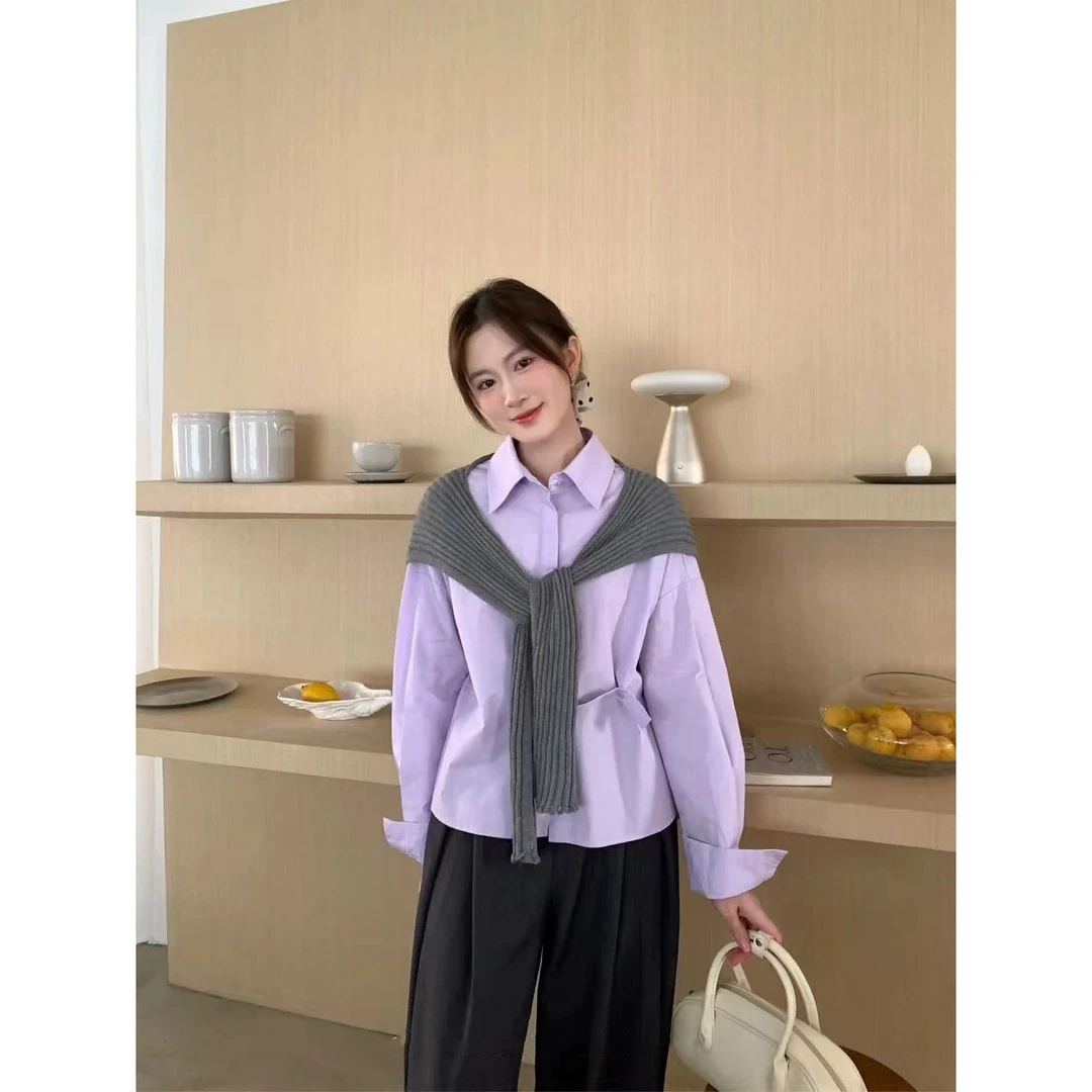 FRVXO简约配披肩纯色春季新款宽松百搭显瘦长袖衬衫女斜扣衬衣女