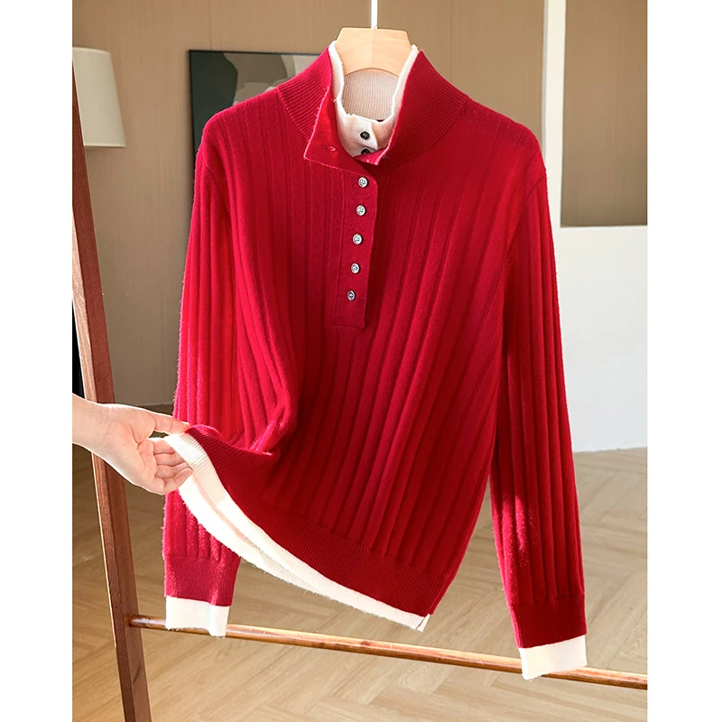 【崔万志工厂】重磅100%纯羊毛叠领针织衫长袖时尚百搭女士红色打底