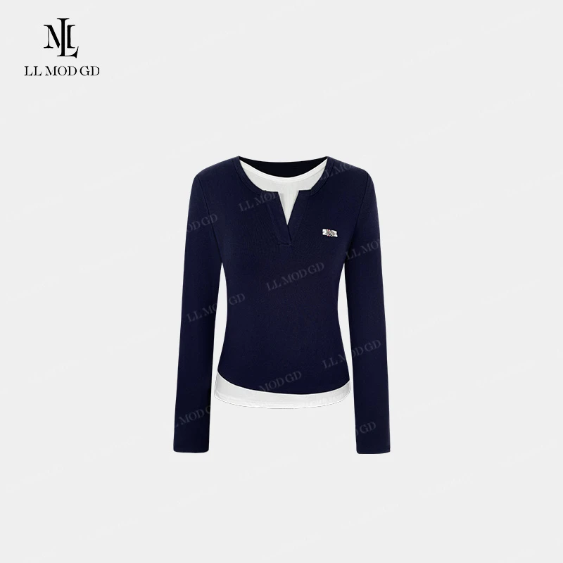 春日特调 春季圆领T恤女款修身简约百搭长袖假两件上衣 LL-255538