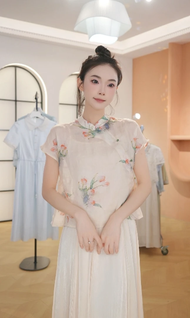 F新中式国风衬衫女夏薄款禅意小飞袖小衫短款立领盘扣上衣