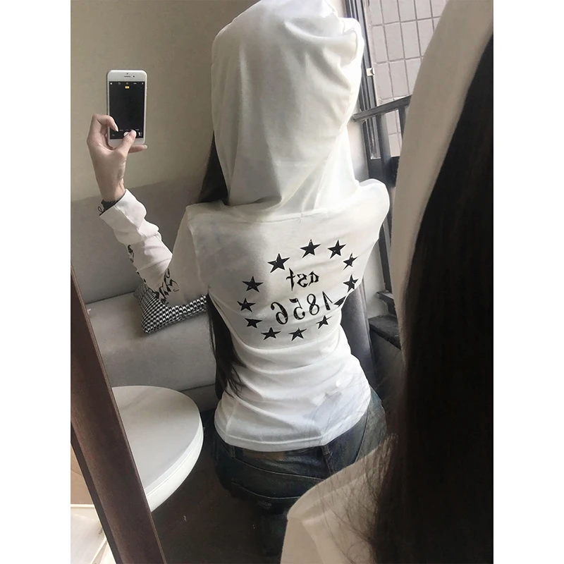 美式朋克长袖连帽防晒罩衫t恤女夏季穿搭哥特风修身显瘦薄款上衣