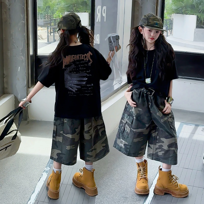 女童夏季韩版套装2025新款中大童洋气时尚T恤薄款休闲迷彩中裤潮