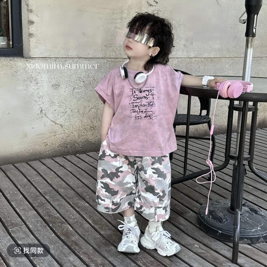 2025夏季新款套装卡通背心迷彩短裤韩版男童洋气儿童宝宝两件套潮