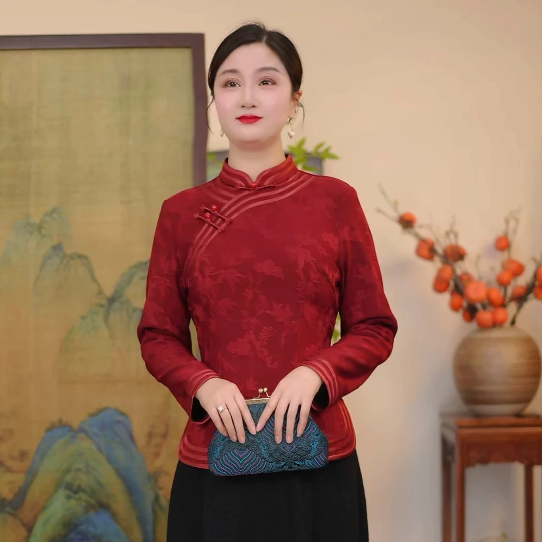 瓷萱【玄墨竹影】冬季国风复古旗袍上衣厚款加绒长袖提花气质设计师