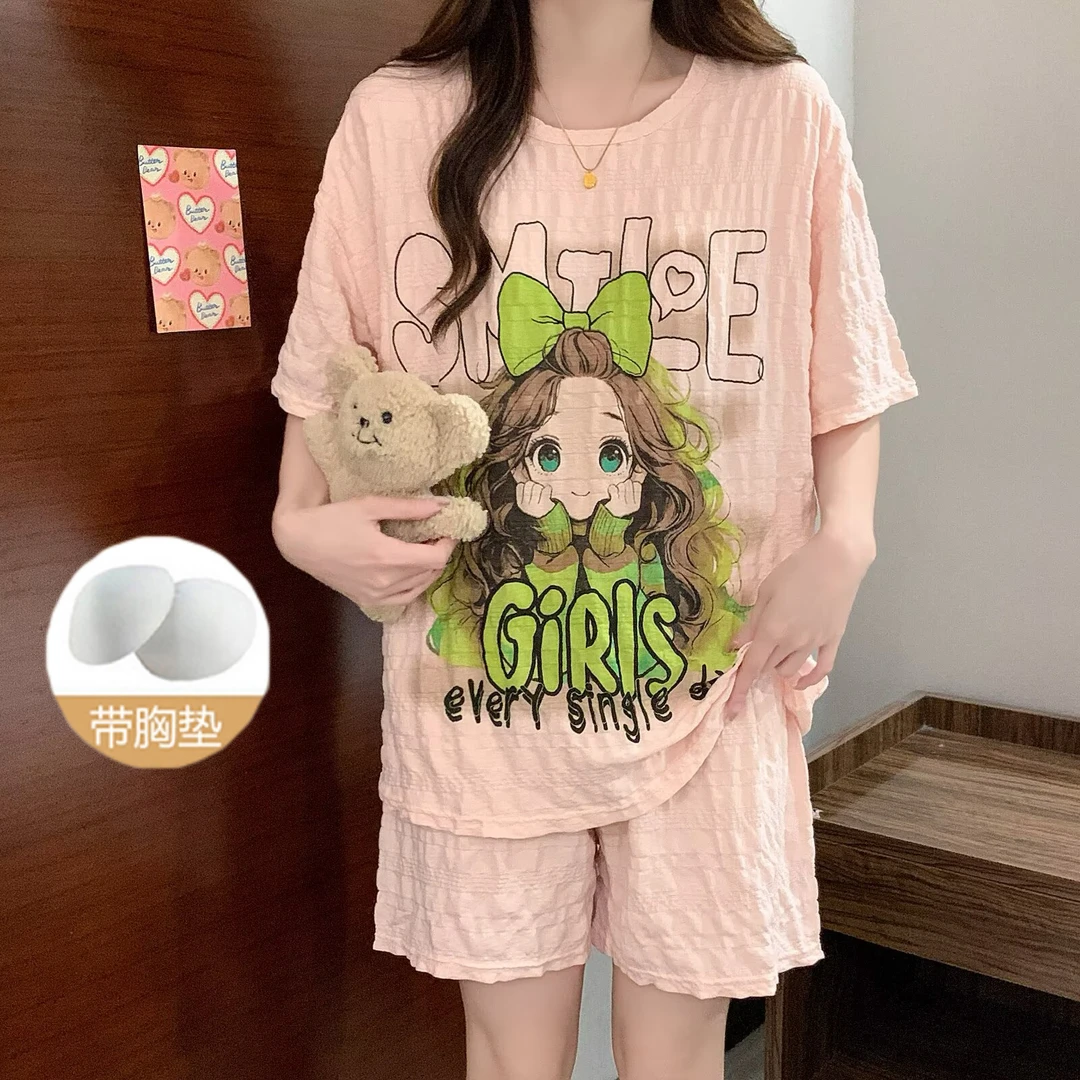带胸垫云朵棉夏季睡衣女士短袖短裤宽松可外穿卡通女孩家居服2034