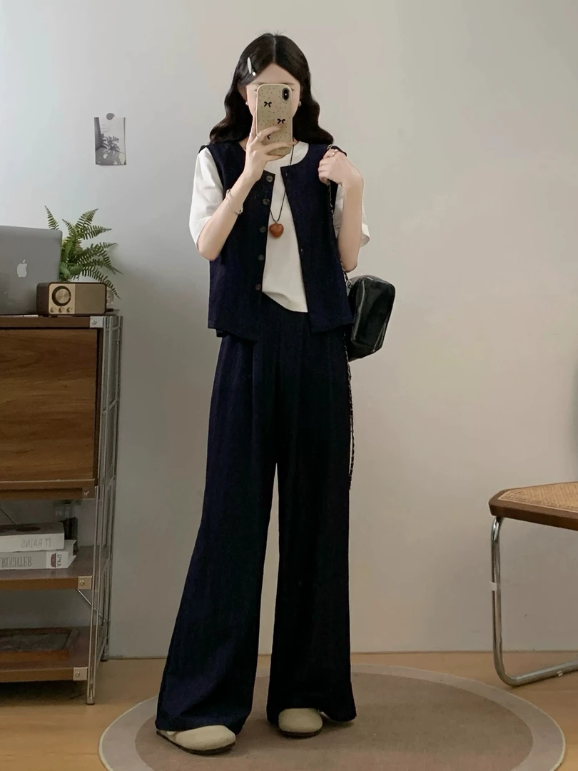 【时尚套装】夏季垂感马甲短袖T恤遮肉显瘦阔腿裤休闲三件套气质款