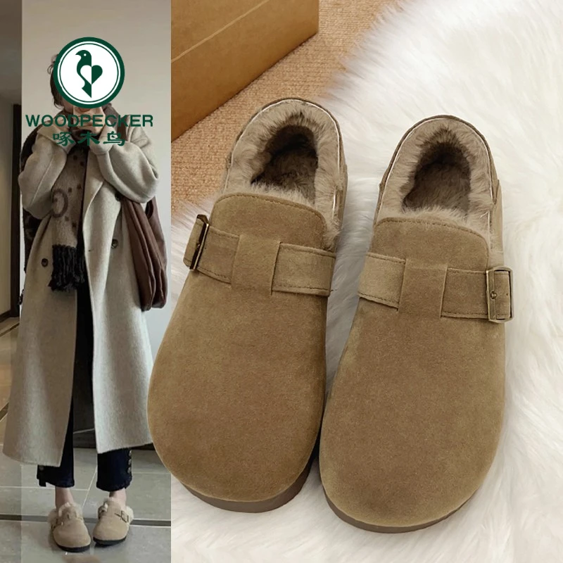 啄木鸟加绒全包勃肯鞋女2025冬新款一脚蹬毛毛棉鞋加厚保暖雪地靴