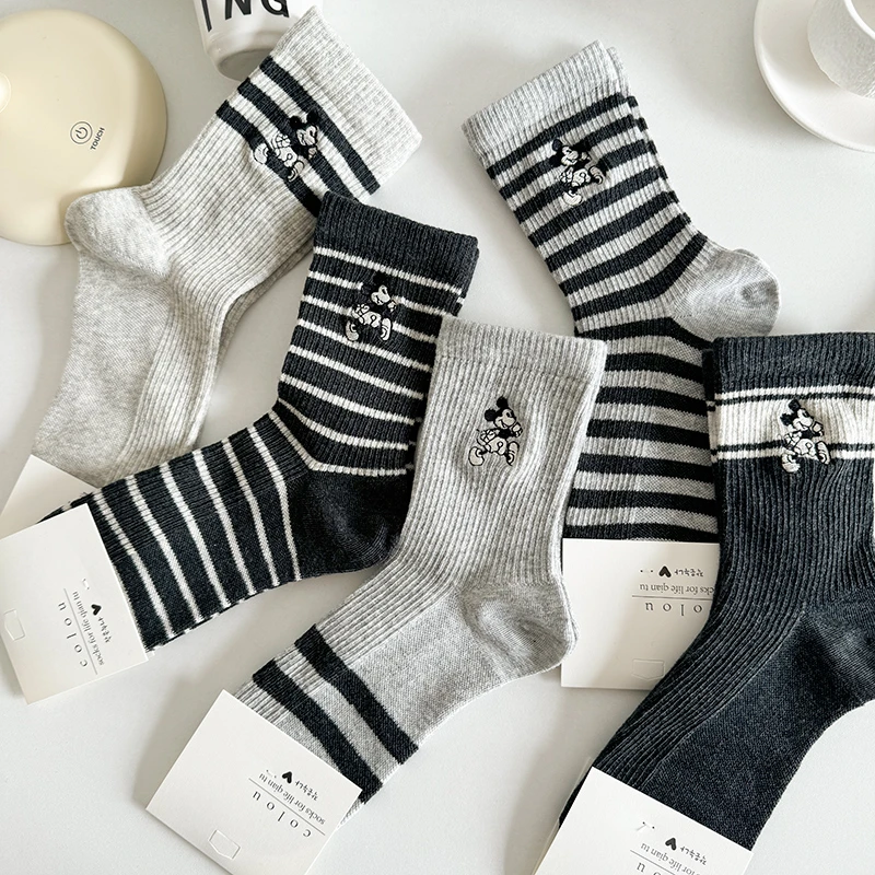 米老鼠袜子女韩版中筒袜灰色卡通可爱ins潮堆堆条纹微压外穿长袜