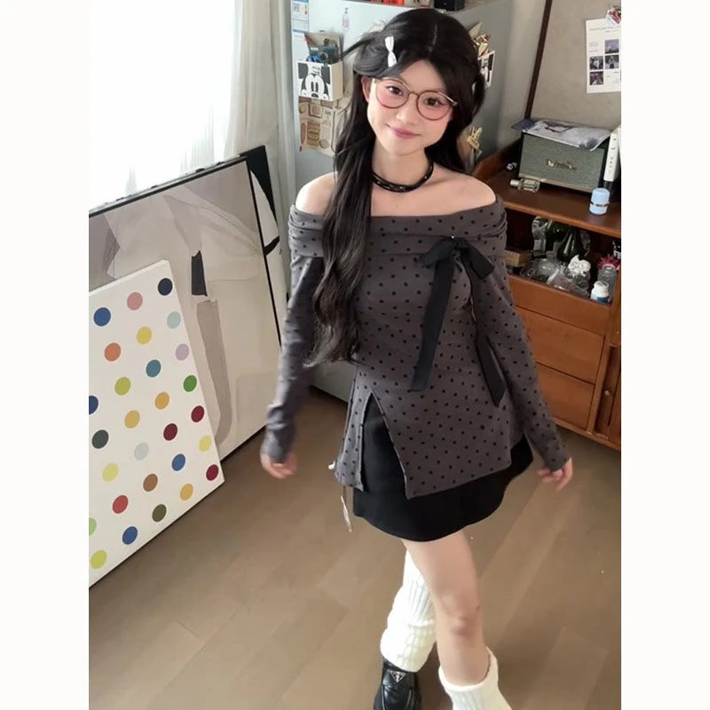 时尚设计感波点蝴蝶结一字肩上衣半裙套装女春秋新款辣妹包臀短裙