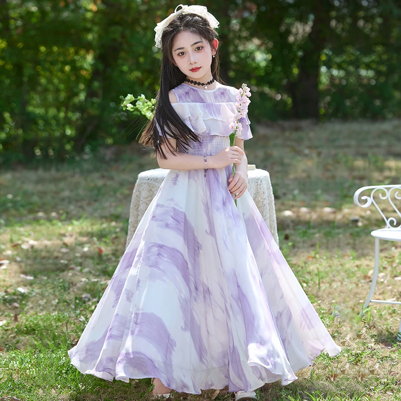 女童裙子夏季洋气碎花长裙中大童薄款露肩沙滩裙小女孩雪纺连衣裙