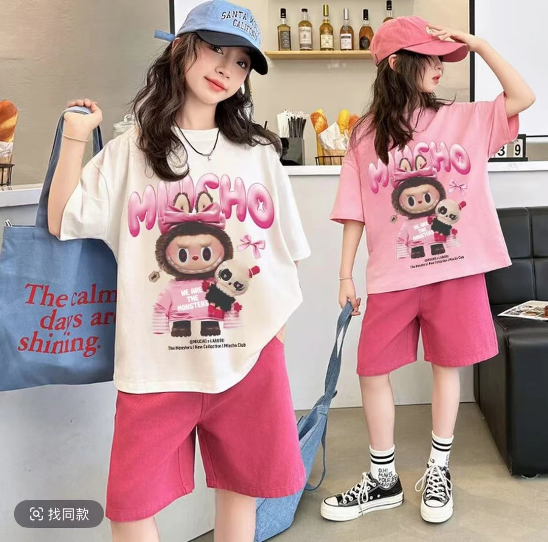 女童夏季套装2025新款多巴胺夏装中大童卡通纯棉短袖t恤休闲短裤