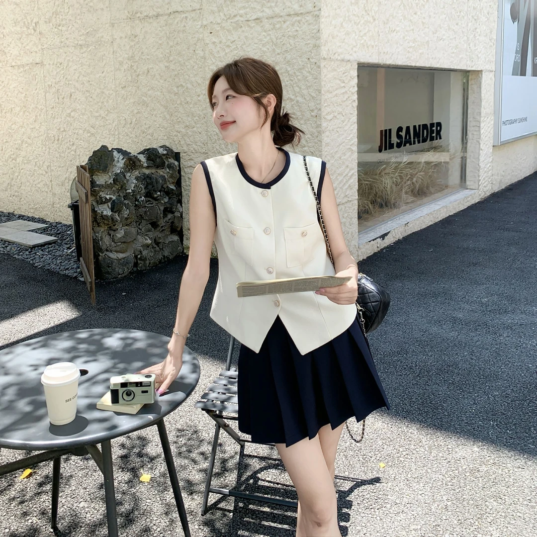气质高级感小香风马甲套装裙女夏季2025新款小个子百褶短裙两件套