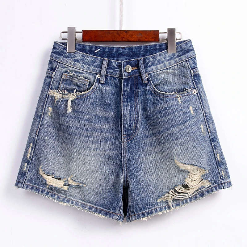 RAIN.CUN破洞显瘦百搭时尚阔腿高档气质高腰牛仔短裤HC11395S