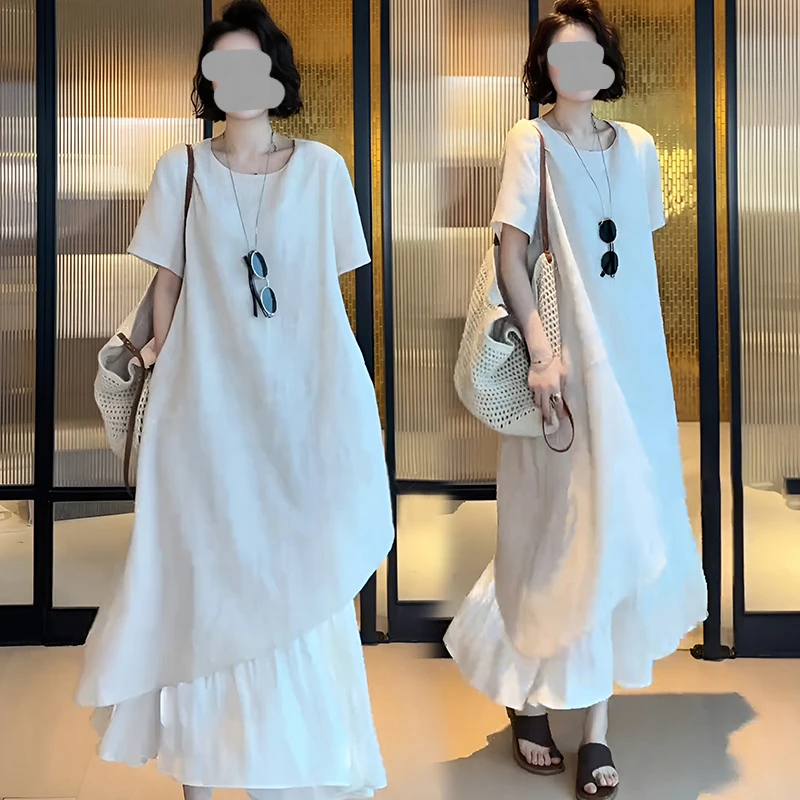 梨形身材高级感穿搭气质连衣裙女夏新款设计感假两件拼接短袖长裙