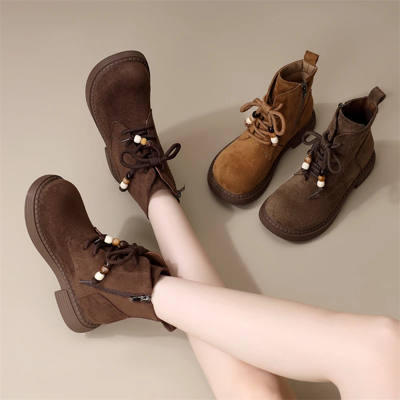 绒面平底复古风马丁靴女2025秋冬新款圆头时尚加绒显脚小短靴防滑