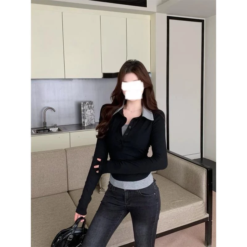 显瘦辣妹性感拼色长袖POLO领设计感小众修身百搭韩版上衣AM25903