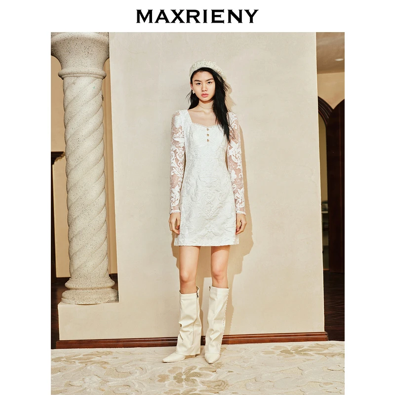（丫头）MAXRIENY复古宫廷蕾丝飞鸽扣连衣裙春