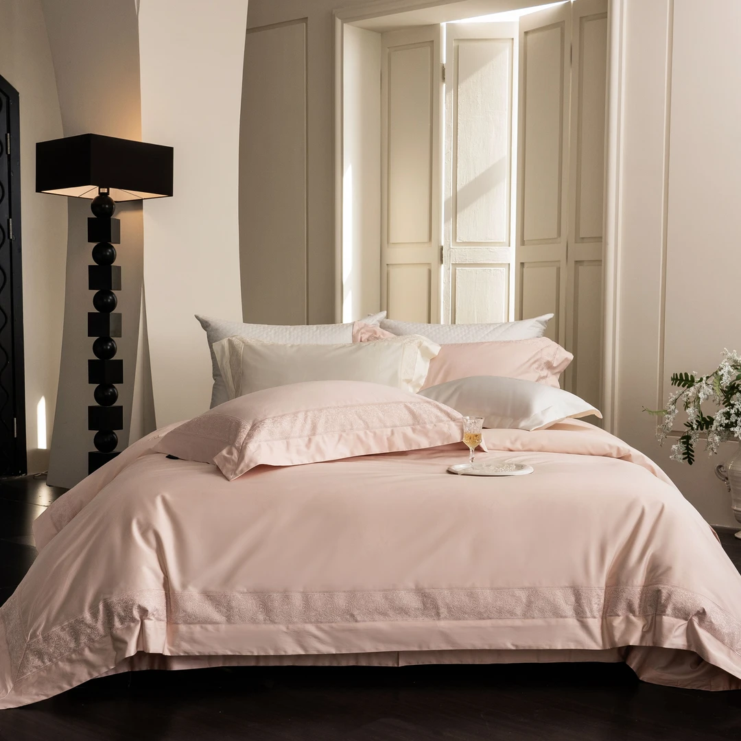 XR 0961 新款高支CR工艺全棉绣花镂空花边四件套 兰芙-蔷薇粉